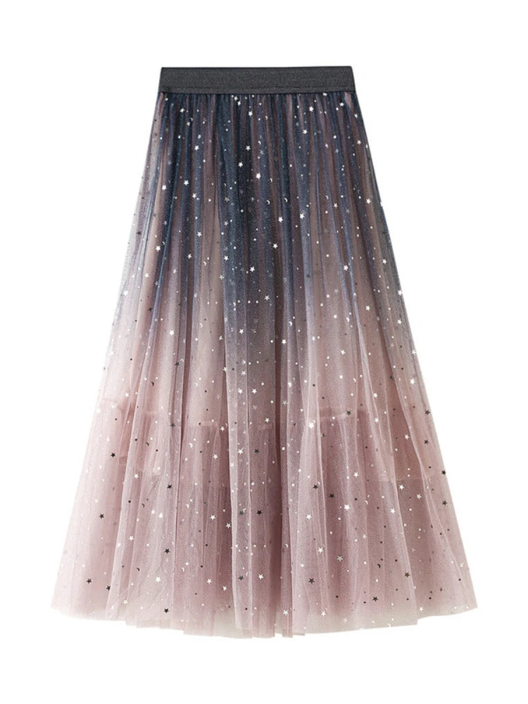 Sweet Embroidered Pleate Tulle Skirt 2024 New Women Spring Summer A-Line Long Skirts High Waist Sequined Planets Mesh Maxi Skirt