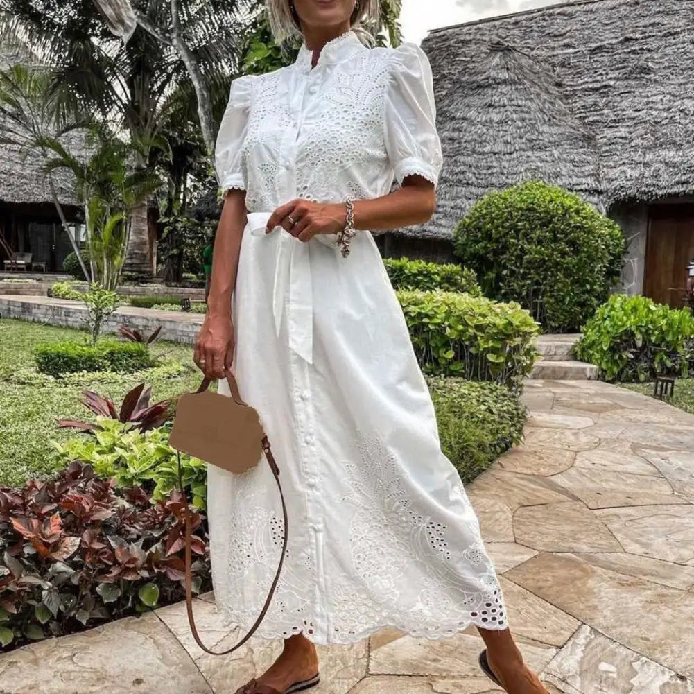 Lace-up Women Shirt Dress 2024 Summer Elegant Single Breasted Puff Sleeve Maxi Dress Vestidos Bohemian Sundress Party Robe