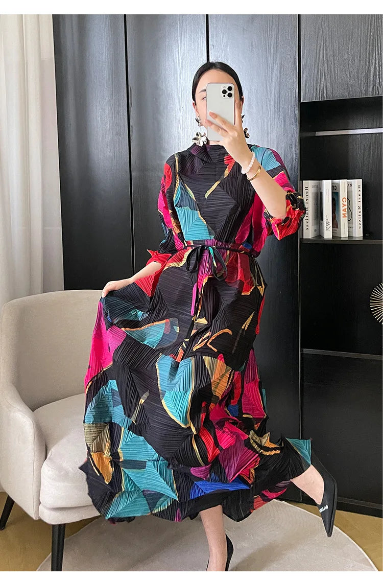 Miyake Pleated Autumn New Print Diamond Pleated Dress Women's 3/4 Sleeve Lace Up Loose Straight Length Dress