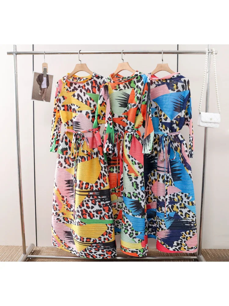 Miyake Pleated Summer New Irregular Printing Round Neck Foreign Trade Dress Leopard Pattern Long Sleeve Loose Fitting Dress