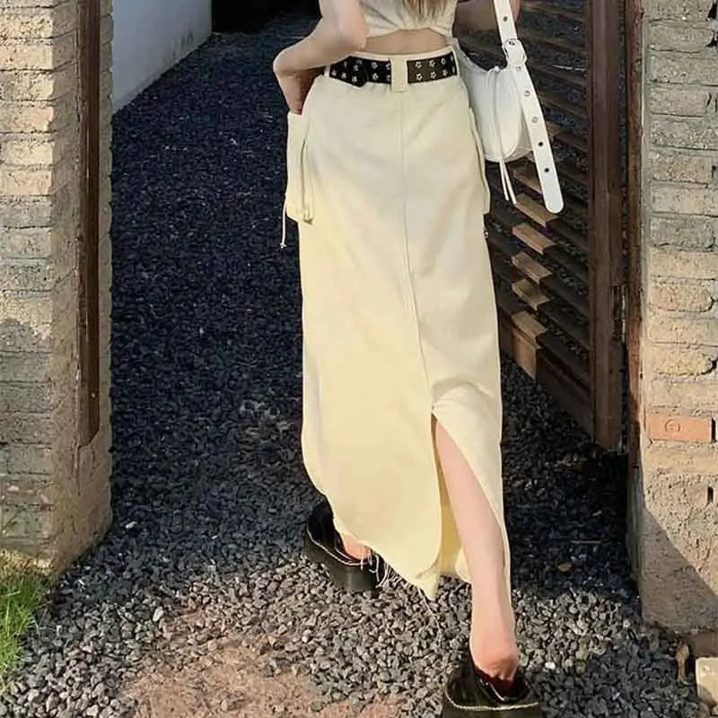 Y2K High Waist Drawstring Cargo Skirt Women Korean Split Midi Skirt Female Fashion Streetwear Solid Big Pocket A Line Skirts