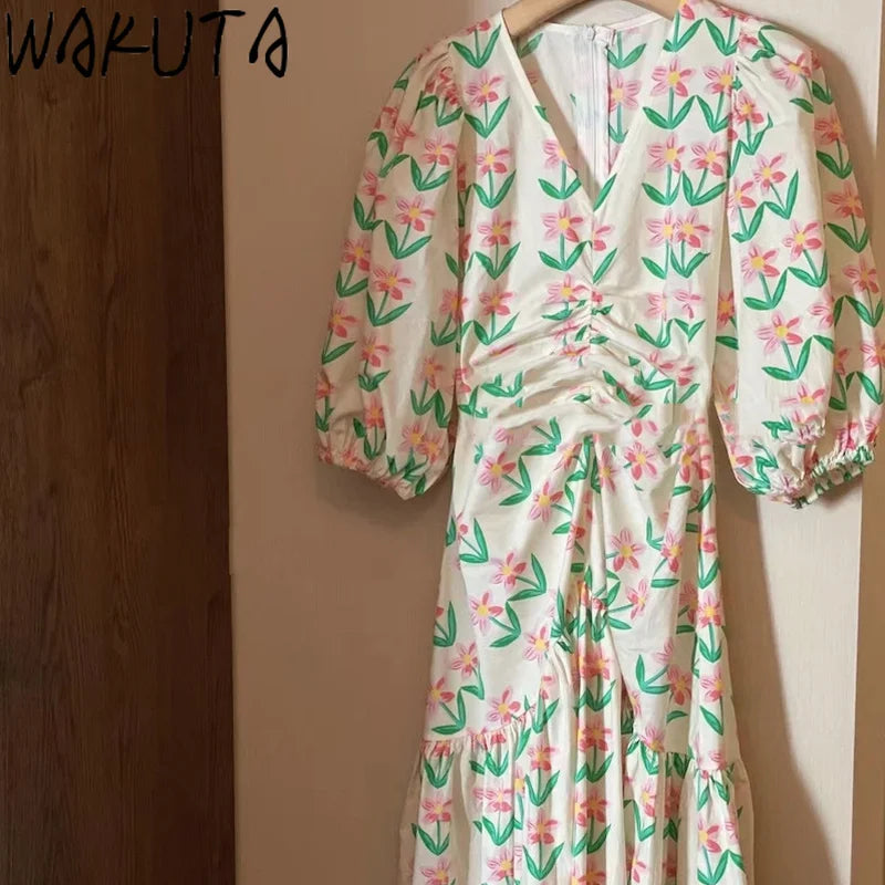 WAKUTA Lantern Short Sleeve Slim Maxi Dress Women Summer 2024 Floral Clothing Korean Style Sweet Elegant Shirring Slim Dresses