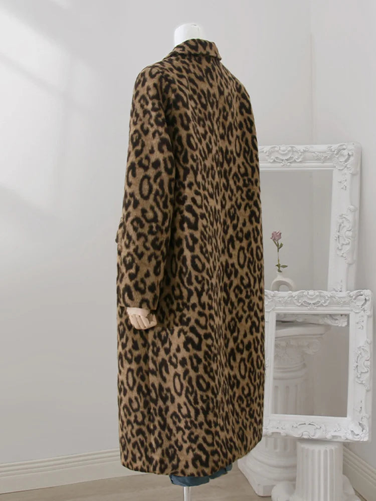 LANMREM 2024 Leopard Print Medium Length Woolen Coat For Women Winter Warm Wear Niche Design Loose Clothing Streetwear 32A391