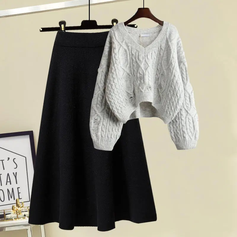 Winter New Cartoon Printed Knitted Sweater Pullover Slim Fit Knitted Skirt Two Piece Elegant Women's Party Dress