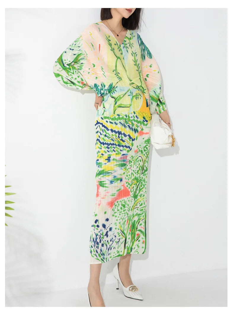 Printed Dress For Women Bat Sleeve V-neck Pleated Loose Dresses New Fashion Oversized