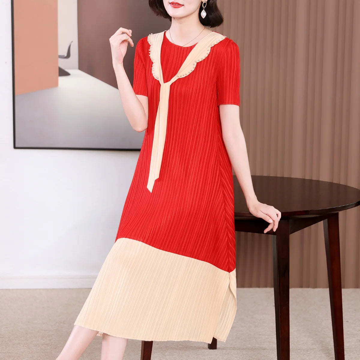 Miyake Pleated Dress Women 2024 Summer Style Splicing Color-blocking Beads Loose V-neck Short-sleeved Elegant A-line Long Skirt