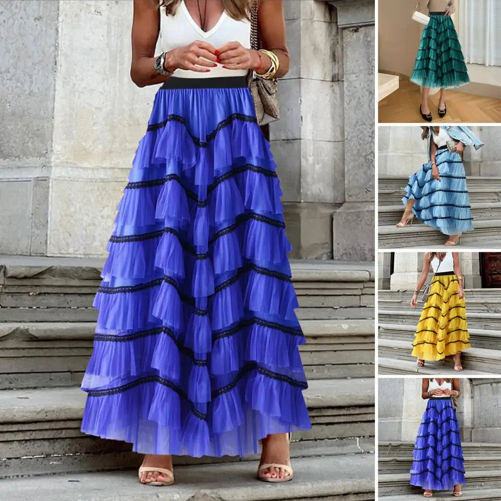 High-waisted Skirt Gauze Skirt Elegant High Waist A-line Maxi Skirt with Ruffle Contrast Color Scattered Hem Princess for Big