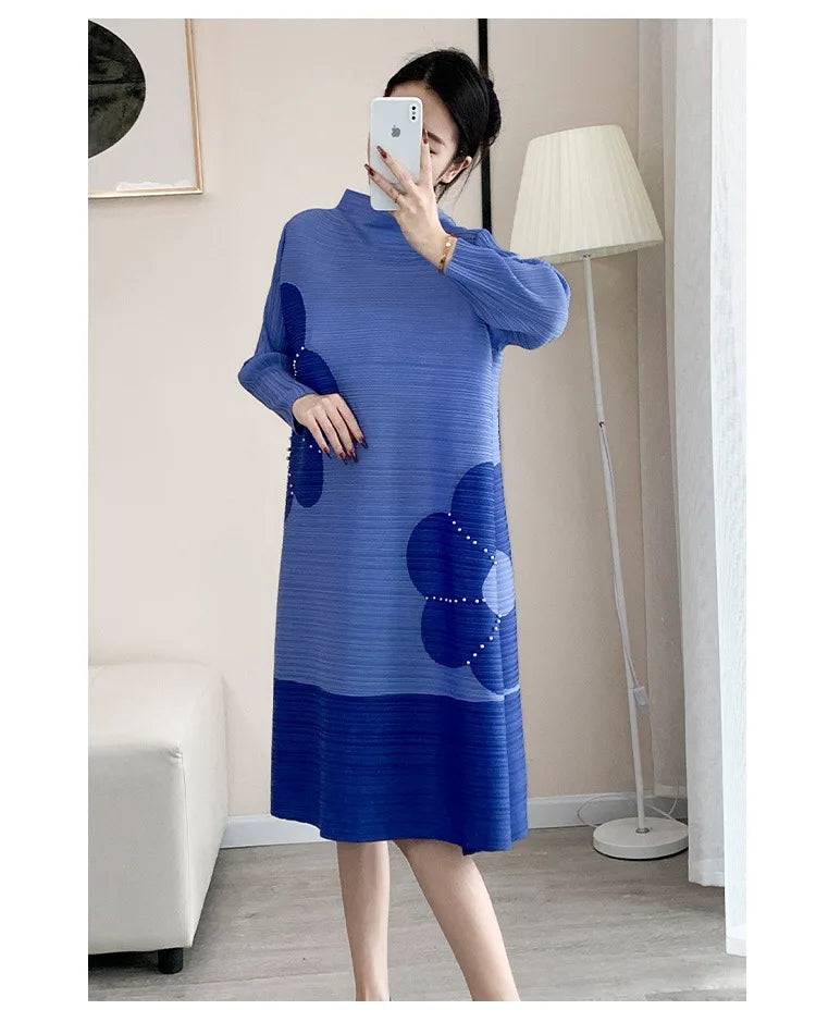 Pleats Original Pleated Color Blocking French Long-sleeved Dress Spring Autumn Women 2023 Temperament Women's Beaded Loose Skirt