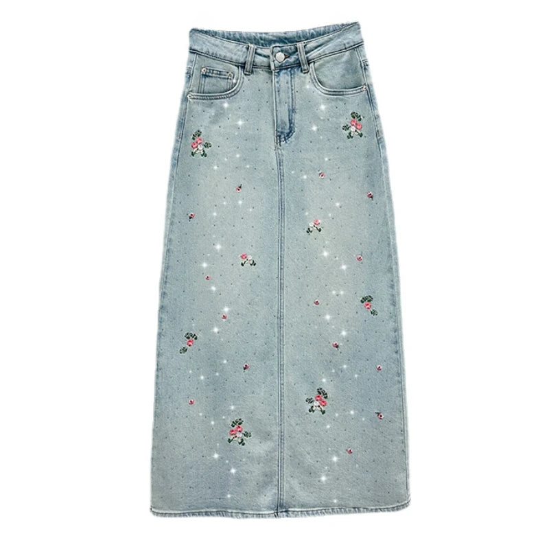 A- Line Embroidered Denim Skirt Women's 2024 Spring and Summer New High Waist All-Matching Split Rhinestone Midi Skirt