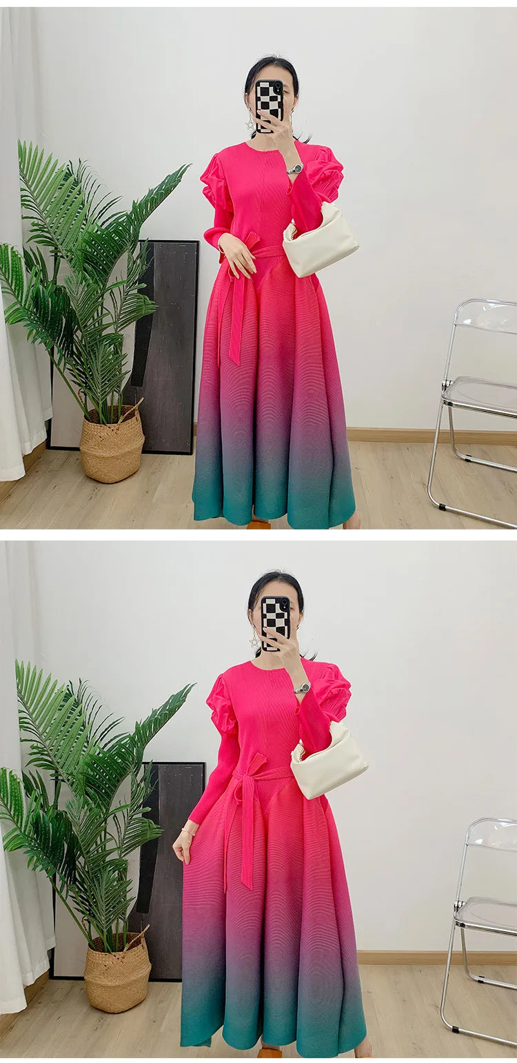 Gradient Pleated Dress For Women Long Sleeves Lantern Style Maxi Dresses 2024 Spring New Female Elegant Clothing 2DA4145