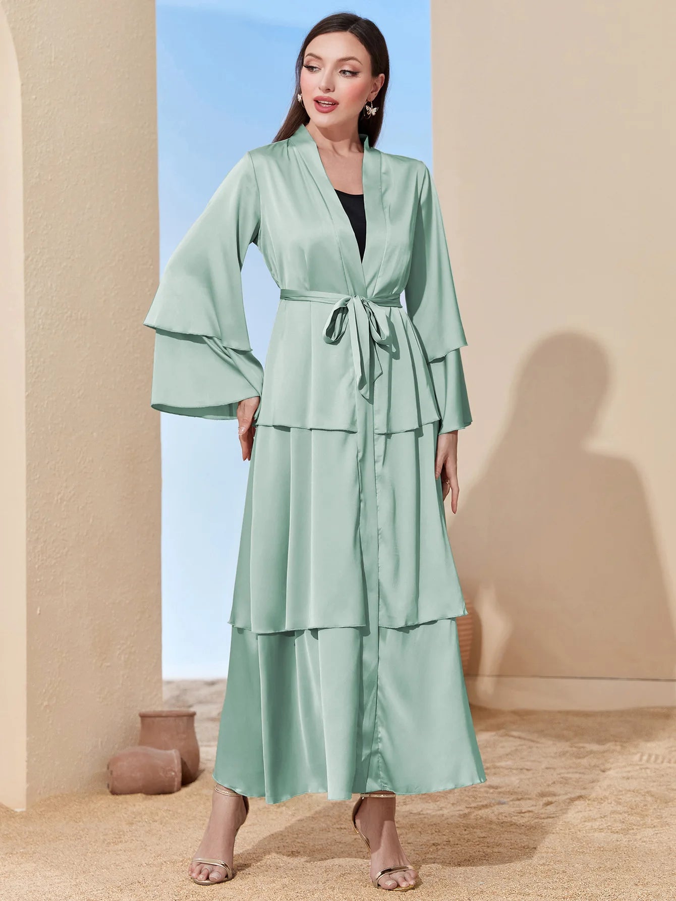 Fashion Patchwork Satin Cardigan Dress Women's Elegant Solid Lace-up Maxi  Dress  Kimono Robe Femme