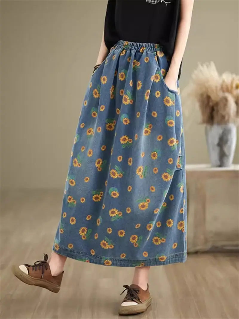 Retro Floral Denim Skirt For Women Autumn 2024 Fashon Printed Elastic Waist Slimming Versatile Bud Skirt Midi Jeans Saias K2229