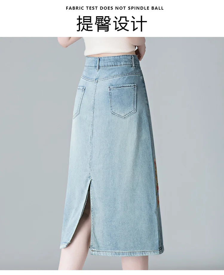 Embroidery High Waist A-line Denim Skirt  Women Elegant Chic Slim Fit Plus Size Midi Skirts