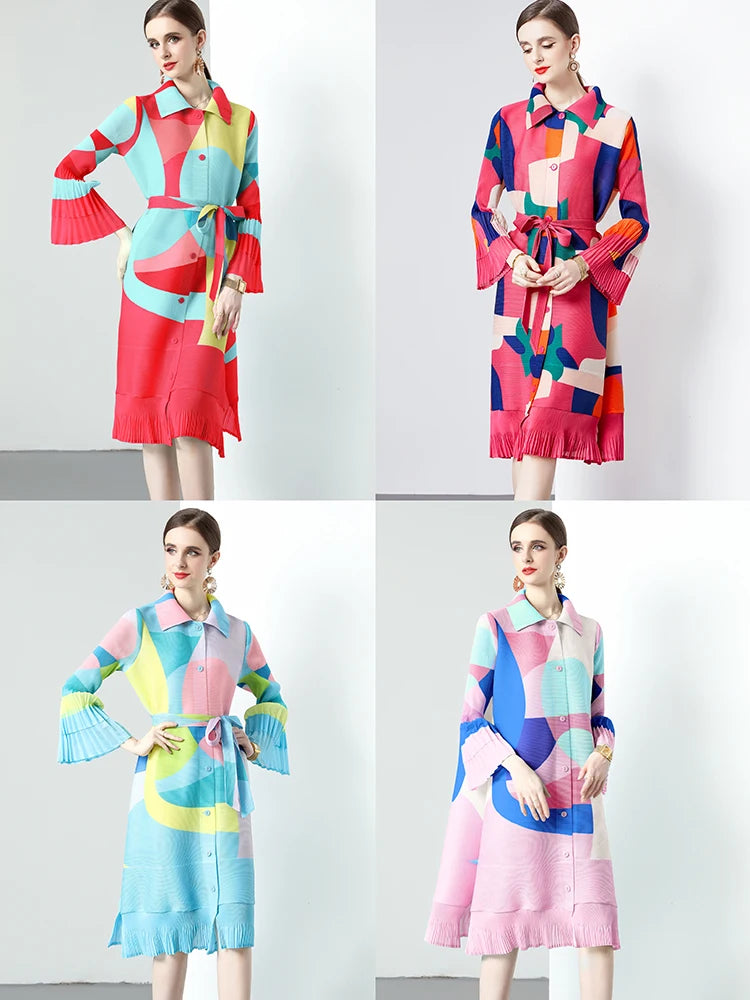 Miyake Pleated Laminated Flared Sleeve Ruffle Edge Geometric Printing Long Trench Coat Skirt Women's Long-sleeved Cardigan Dress