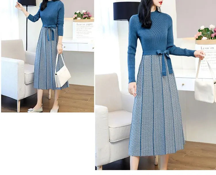 Vintage Spliced Knitted Midi Dress Autumn Winter Casual Half High Collar Female Clothing Elegant Waist Drawstring Bow Dresses