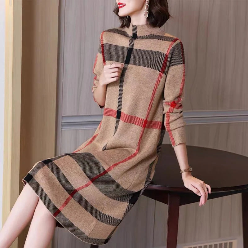 Winter Women's Wool Knitted Dress Striped Half High Collar Vintage Fashion Thick Sweater Style Female Clothing