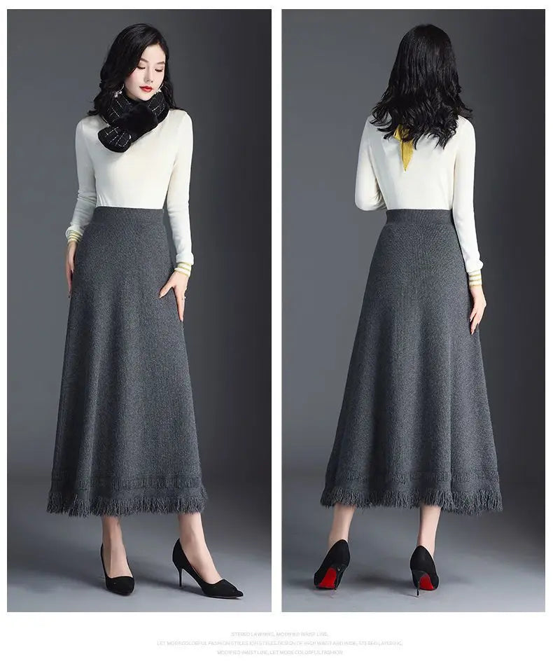 Autumn Winter New Women Long High Waist A-line Skirts Female Loose Big Swing Skirts Ladies Solid Color Knitted Skirt