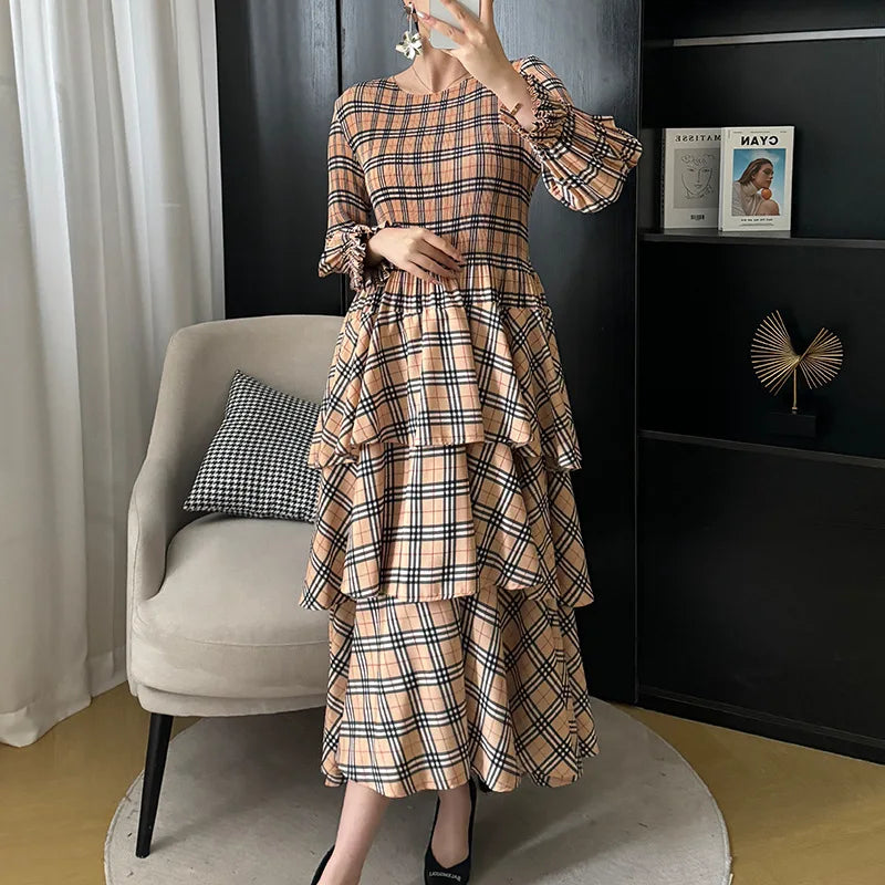 Miyake Plaid Print Dress Women's Spring and Summe  2024 New Loose Fashion Pleated Skirt Pressed Pleated A-line Foreign Dresses