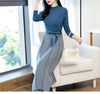 Vintage Spliced Knitted Midi Dress Autumn Winter Casual Half High Collar Female Clothing Elegant Waist Drawstring Bow Dresses