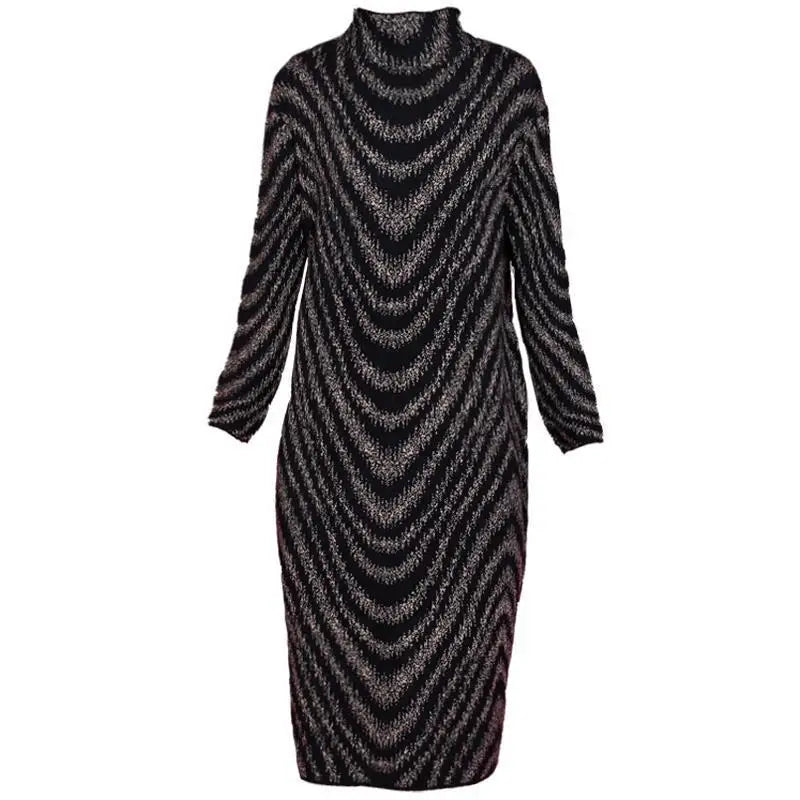 Women Fashion Elegant Striped Fleece Thick Basic Midi Dress Casual Half High Collar Long Sleeve Loose Dresses