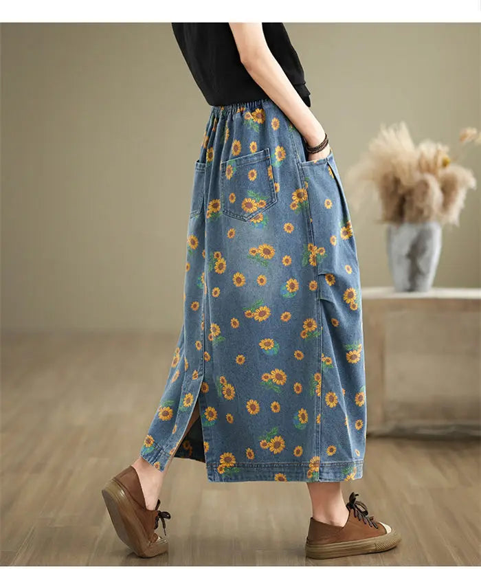 Retro Floral Denim Skirt For Women Autumn 2024 Fashon Printed Elastic Waist Slimming Versatile Bud Skirt Midi Jeans Saias K2229