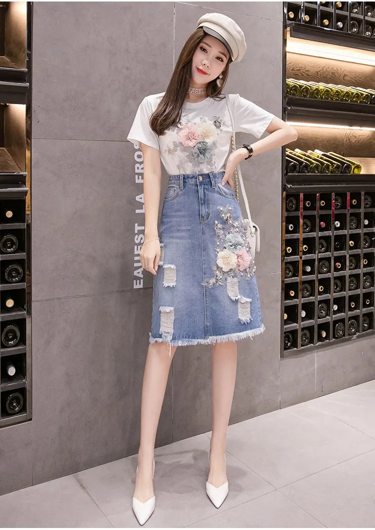 Summer Retro Ripped Hole Embroidered Denim Skirt Female Loose High Waist Three-Dimensional Flower Bag Hip Mid Skirt Women 2023