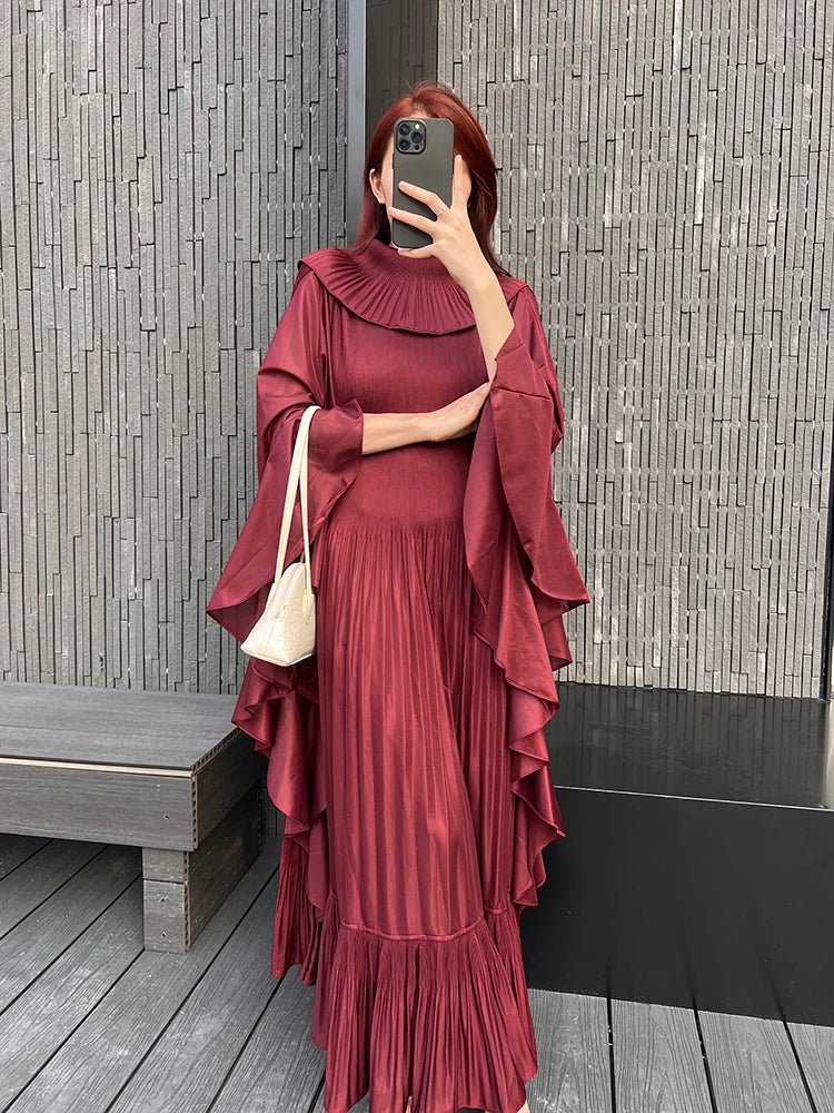 Miyake Pleated Spring Women's Long Irregular Dress Loose and Slim Solid Color Heavy Work Pleated Western Style Women's Dress