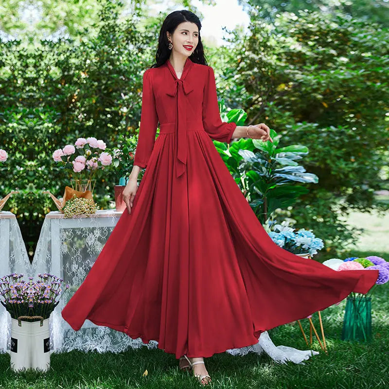 Beach Chiffon Dress Women's  Spring Summer New V-Neck Slim Chic Bohemian Dresses Mid-Waist Big Swing Long Party Vestidos Lady