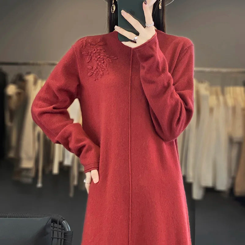 Women's Long Dresses 100% Cashmere and Wool Knit Jumpers, Lady Pullovers,