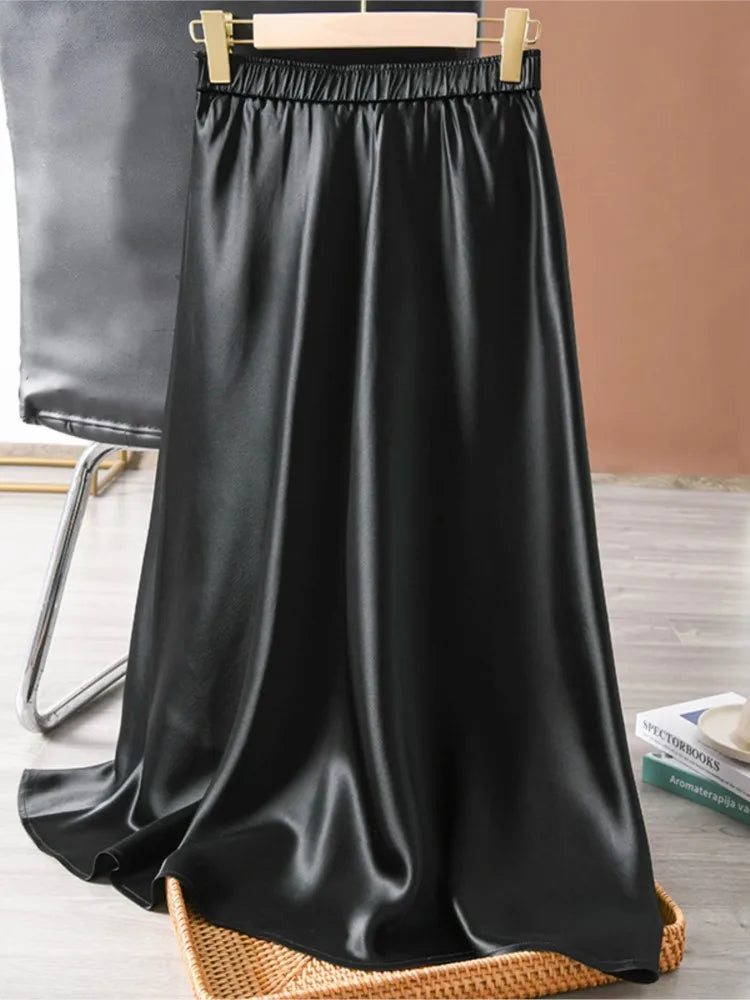 2024 Summer Elegant Ladies Club Maxi Skirt Korean Style Elastic Waist Satin Silk Skirts for Womans Plus Size Solid Skirt 6XL 7XL