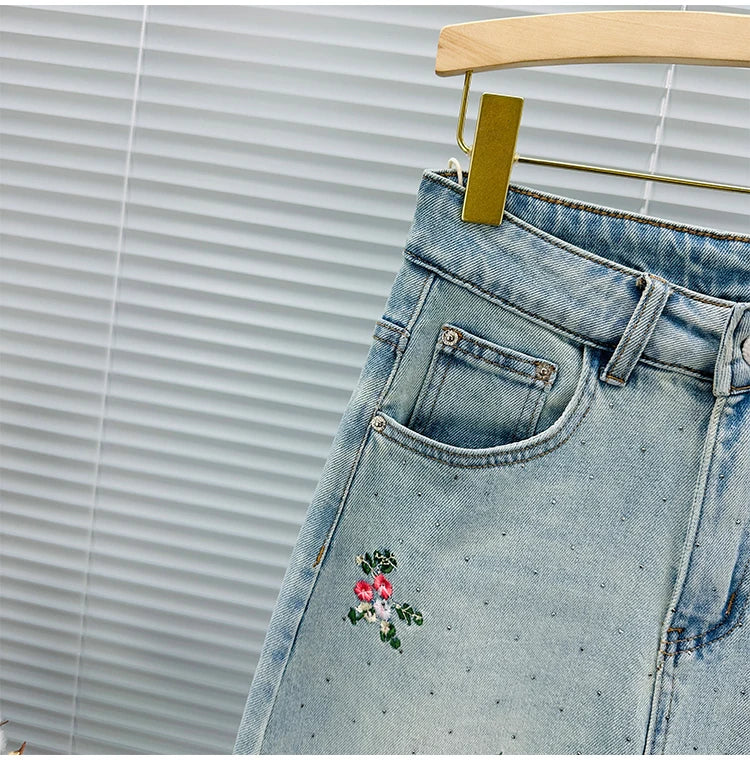 A- Line Embroidered Denim Skirt Women's 2024 Spring and Summer New High Waist All-Matching Split Rhinestone Midi Skirt