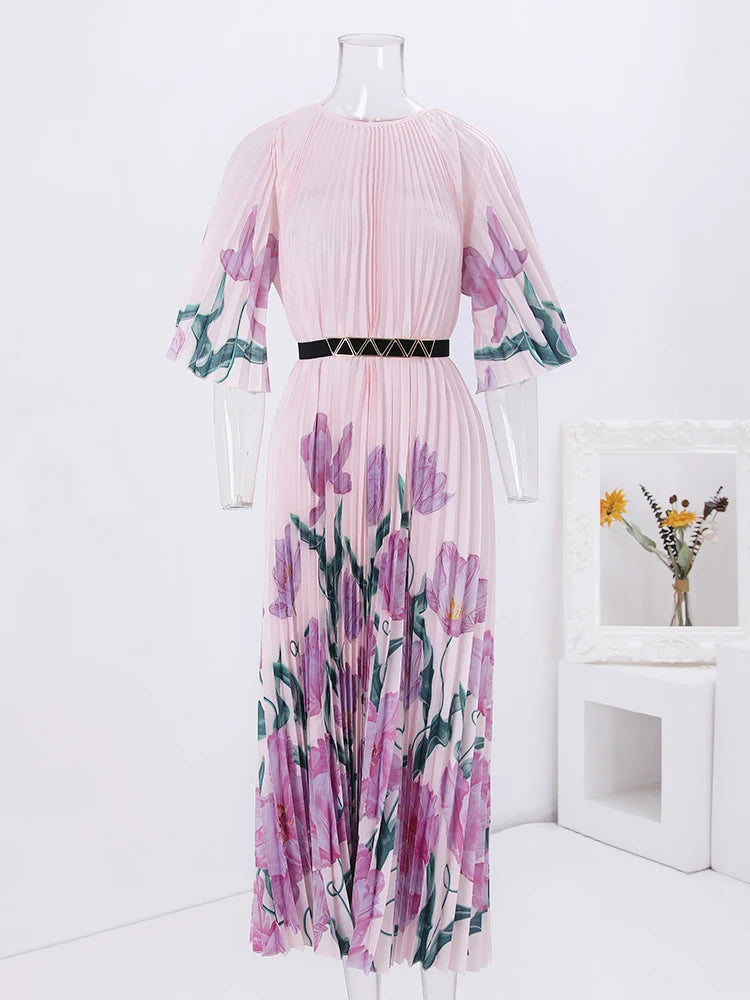 Floral Print Pleated Fashion Dress Women Round Neck Belt Loose Long Dresses