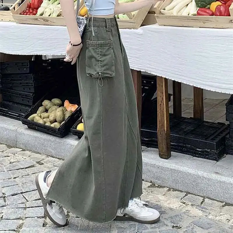 Y2K High Waist Drawstring Cargo Skirt Women Korean Split Midi Skirt Female Fashion Streetwear Solid Big Pocket A Line Skirts