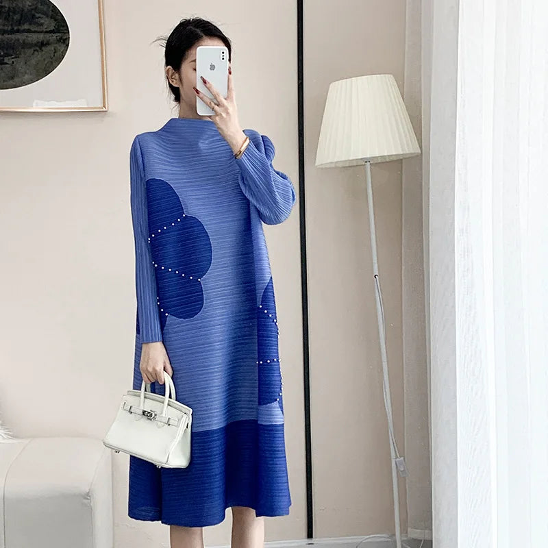 Pleats Original Pleated Color Blocking French Long-sleeved Dress Spring Autumn Women 2023 Temperament Women's Beaded Loose Skirt