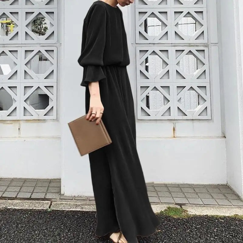 ZANZEA Elegant Fashion Women Maxi Sundress 2024 Autumn Long Dress Casual Pleated Long Sleeve Solid Color Party Vestidos Robe