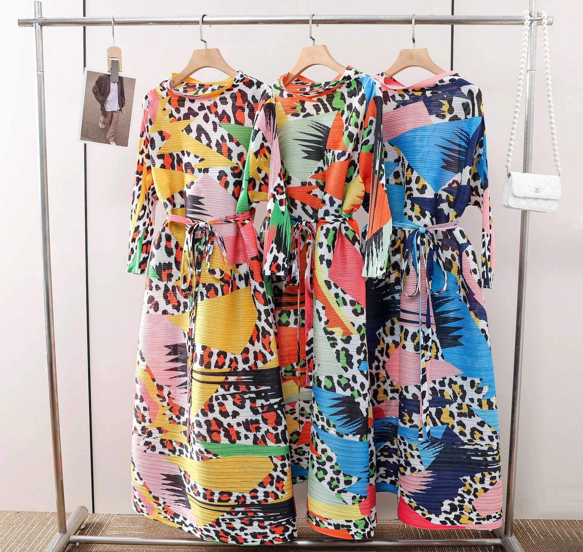 Miyake Pleated Summer New Irregular Printing Round Neck Foreign Trade Dress Leopard Pattern Long Sleeve Loose Fitting Dress