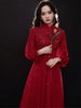 Wine Red Dress Women Spring Autumn New Solid Color Stand Collar Applique Sequins Long Sleeve A-line Skirt Female Clothing M271