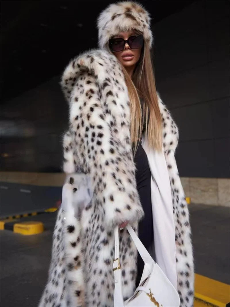 2 Color Winter Warm Loose Plush Windbreaker With Hat Women Faux Fox Fur Black White Dot Leopard Coat Ladies Thick Long Overcoat