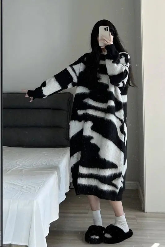 Long Sleeve Dresses Women Lazy Style Midi Knitted Chic Mink-fleece Panelled Korean Fashion Autumn Winter Prevalent Cozy Gentle