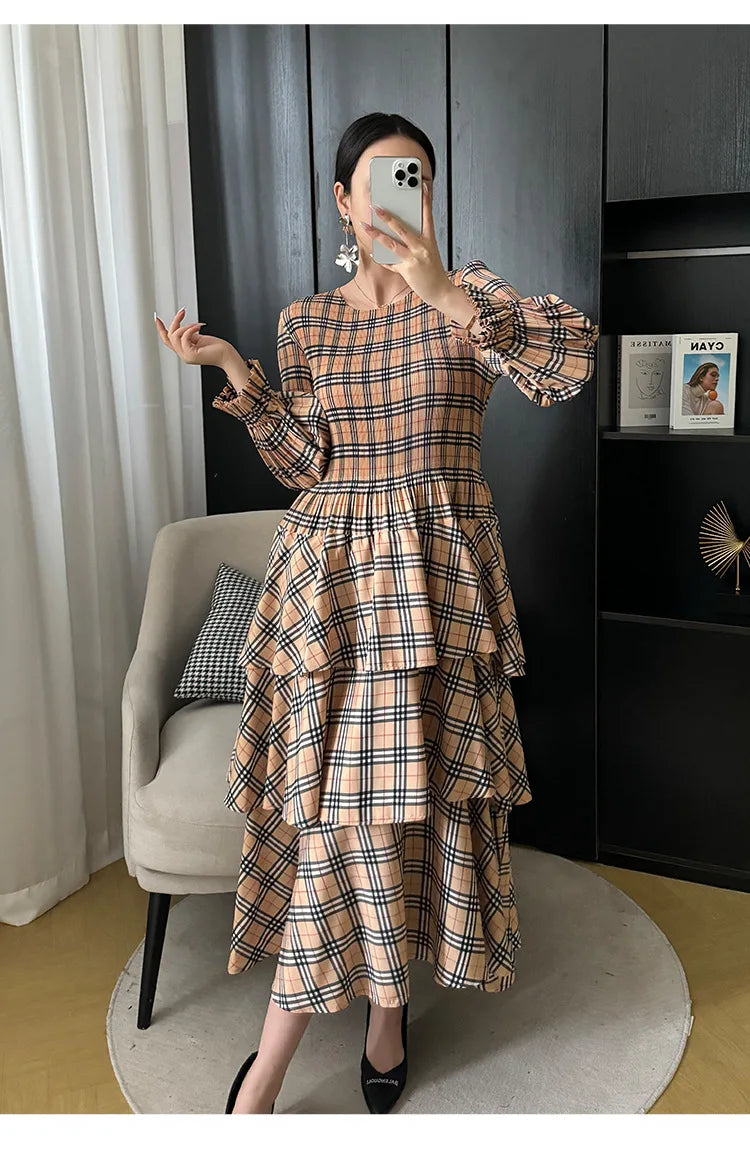 Miyake Plaid Print Dress Women's Spring and Summe  2024 New Loose Fashion Pleated Skirt Pressed Pleated A-line Foreign Dresses