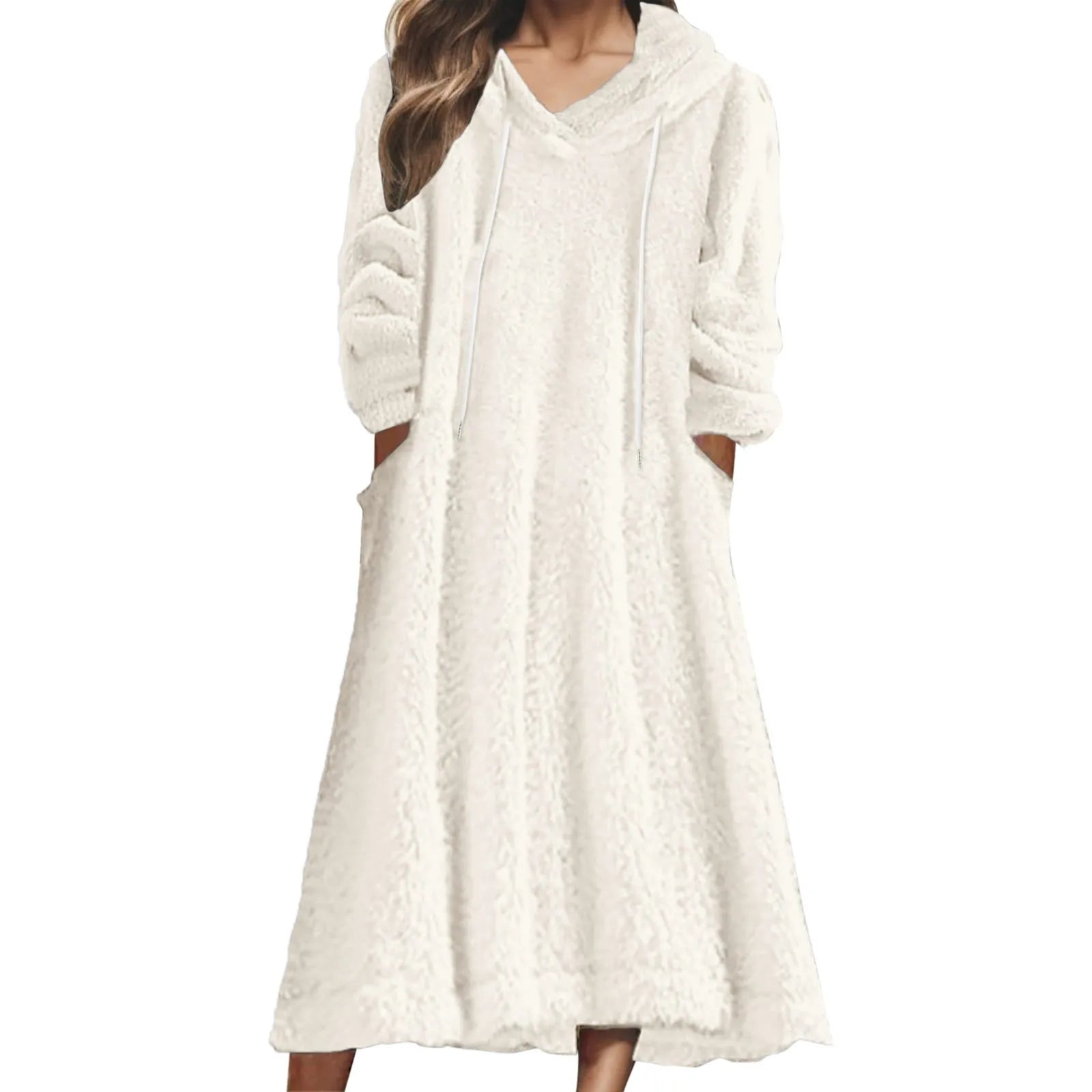 Women Fleece Sweatshirt Dress Winter Dress White Dress Midi Dress White 3/4 Length Sleeve Pure Color Pocket Winter Autumn Hooded