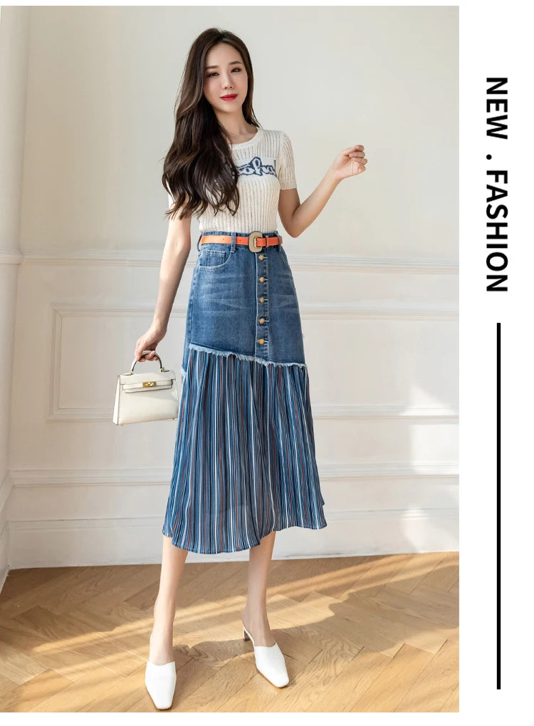 JXMYY 2024 Spring And Autumn Fashion New Large Size High Waist All-Match Women's Denim Skirt Stitching Midi Skirt