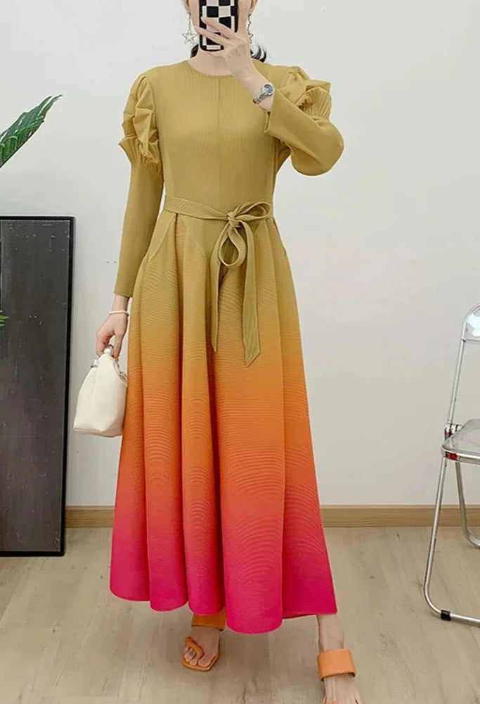 Gradient Pleated Dress For Women Long Sleeves Lantern Style Maxi Dresses 2024 Spring New Female Elegant Clothing 2DA4145