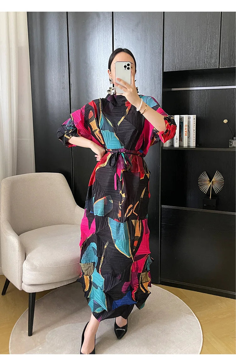 Miyake Pleated Autumn New Print Diamond Pleated Dress Women's 3/4 Sleeve Lace Up Loose Straight Length Dress