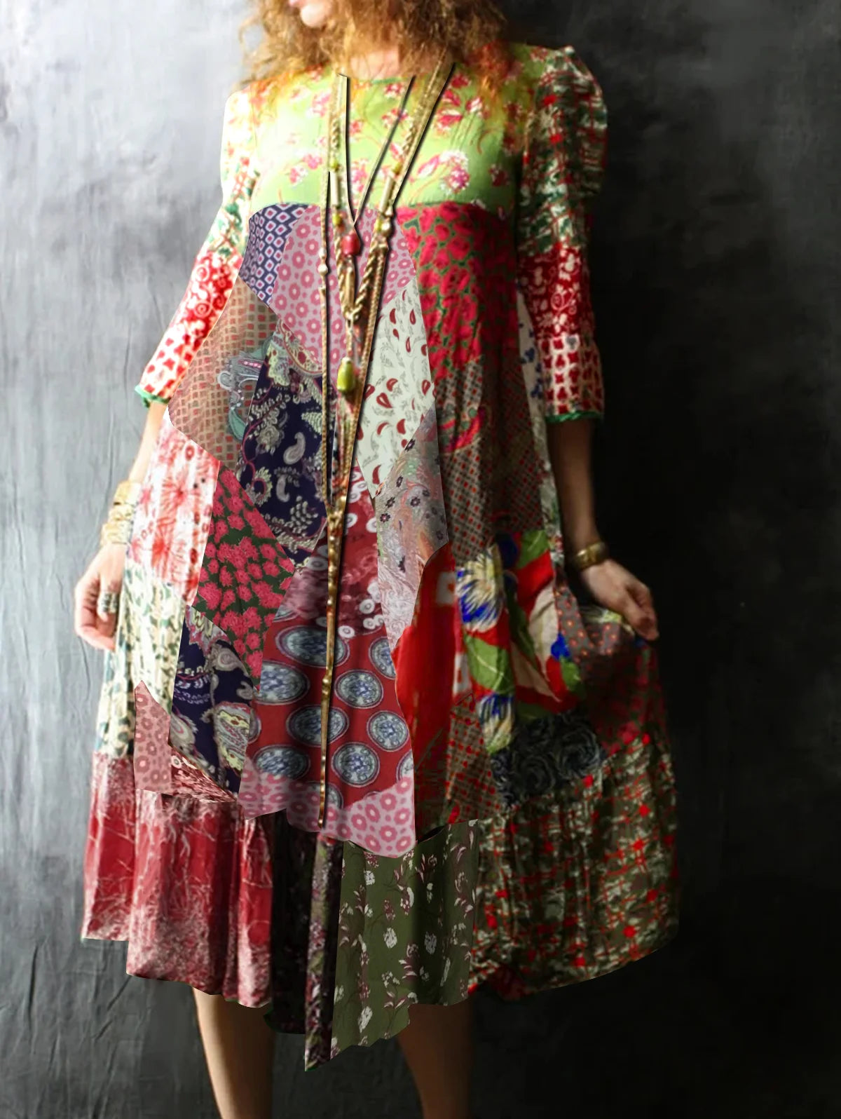 Fashion Women's Long Dress Vintage Print Crew Neck Loose Bohemian Women's 3/4 Sleeve Dress Summer Loose Midi Dress Robe 2024