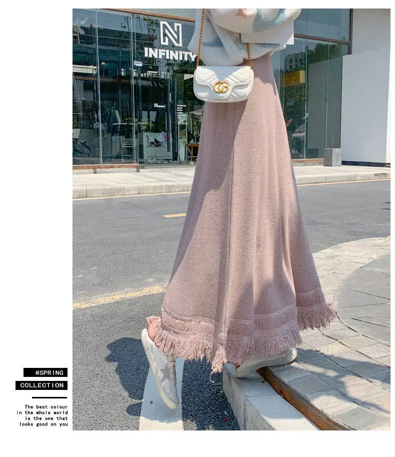 Elegant Tassel Knitted Skirts Midi Length for Women Autumn Winter Warm Thicken A Line Skirt Female Solid High Waist Cozy Skorts