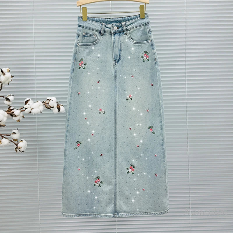 A- Line Embroidered Denim Skirt Women's 2024 Spring and Summer New High Waist All-Matching Split Rhinestone Midi Skirt