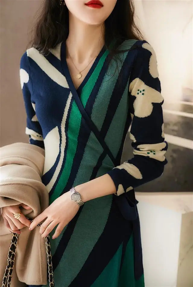 Spring Autumn Elegant V-Neck Dresses Casual Striped Female Contrasting Colors Fashion Bandage Asymmetrical Knitted Midi Dress