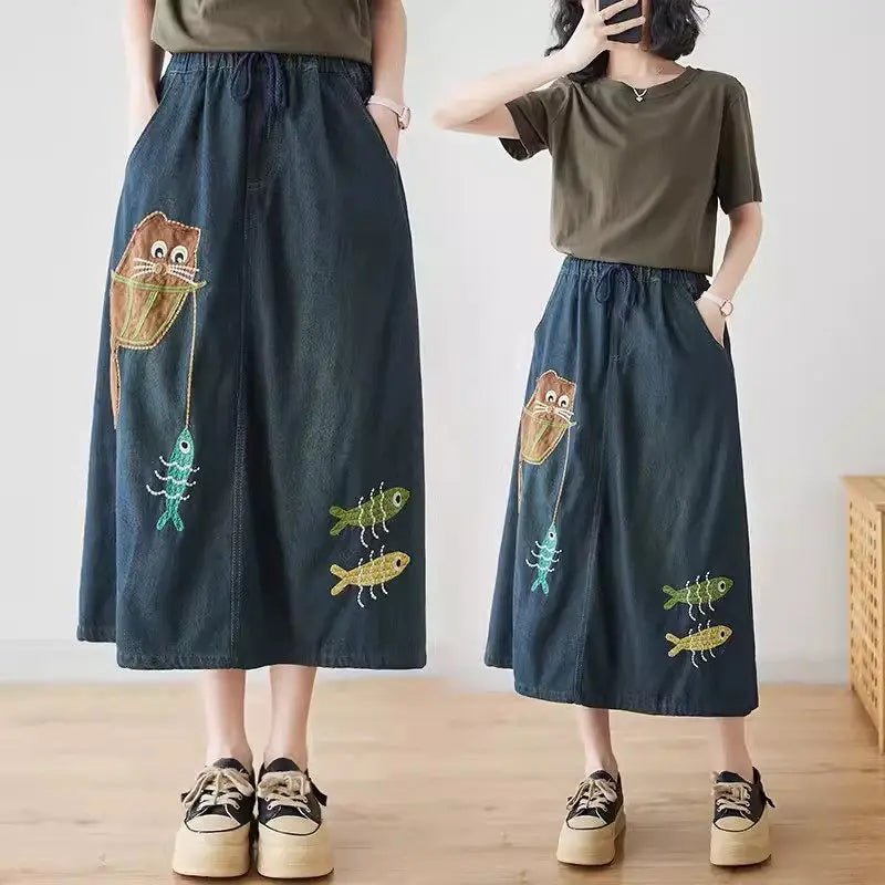 Versatile Retro Art Embroidery Denim Skirt 2024 Spring Summer Versatile Loose Casual A-Line Skirt For Women Jeans Saias K617