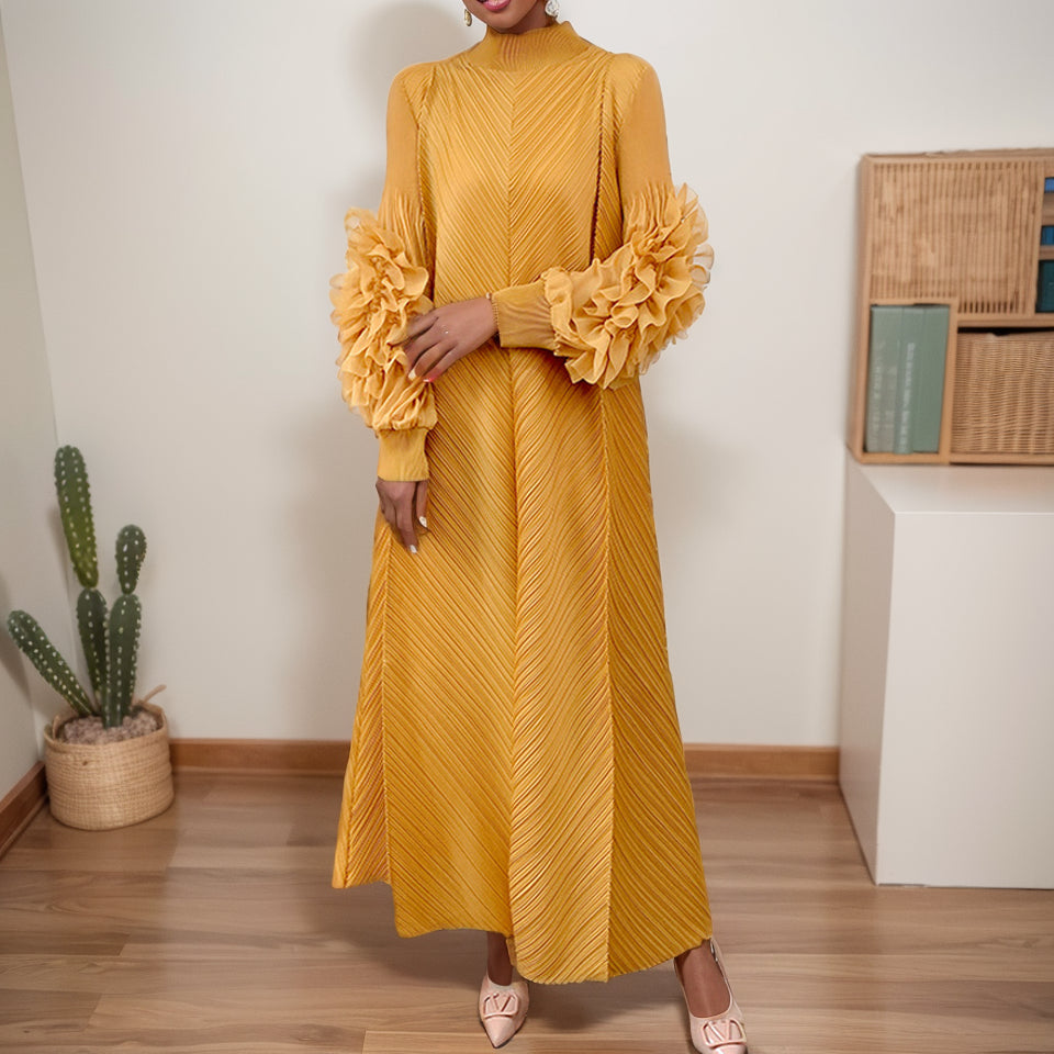 Sanzhai Pleated Loose Long Sleeve Flower Dress Dress